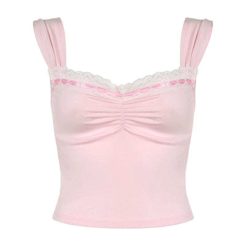 Lace hem ruched ribbon 2-way cami top