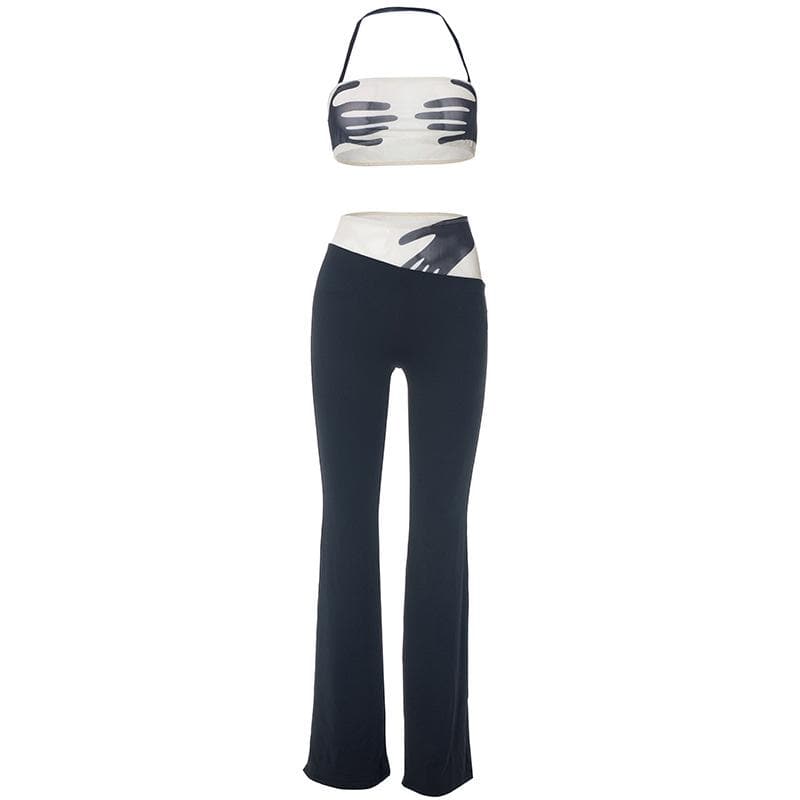 Halter backless mesh patchwork contrast palm pattern pant set