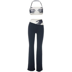 Halter backless mesh patchwork contrast palm pattern pant set