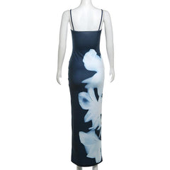 U neck print backless contrast cami maxi dress