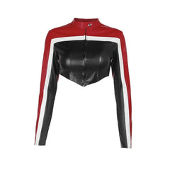 Contrast patchwork zip-up long sleeve PU leather to top jacket