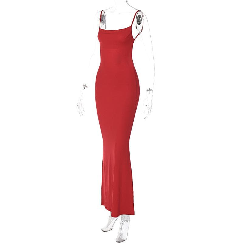 Square neck backless solid sleeveless cami maxi dress  | red tango dress