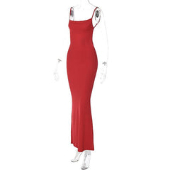 Square neck backless solid sleeveless cami maxi dress  | red tango dress
