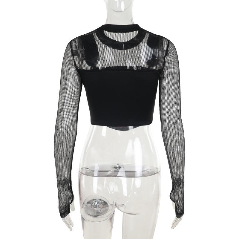 Crewneck long sleeve demon embroidery fishnet patchwork top