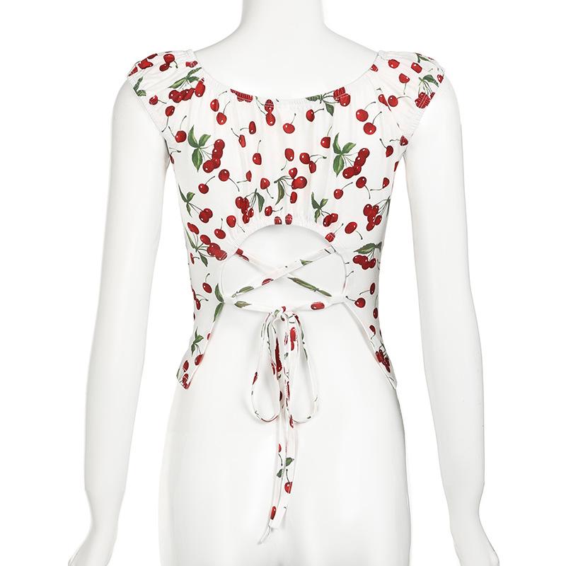 Cap sleeve u neck cherry print lace up top