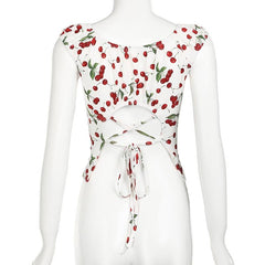 Cap sleeve u neck cherry print lace up top