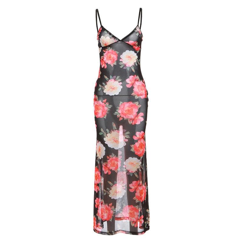 Sheer mesh flower print cami maxi dress  | samba dress