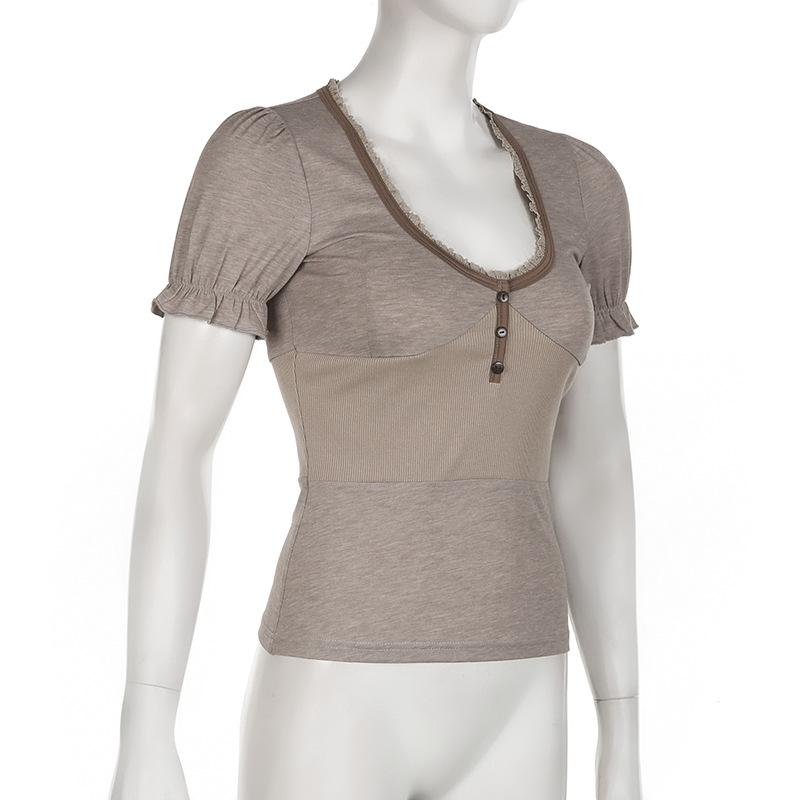 Short puff sleeve button stitch ruffle ribbed top