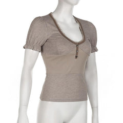 Short puff sleeve button stitch ruffle ribbed top