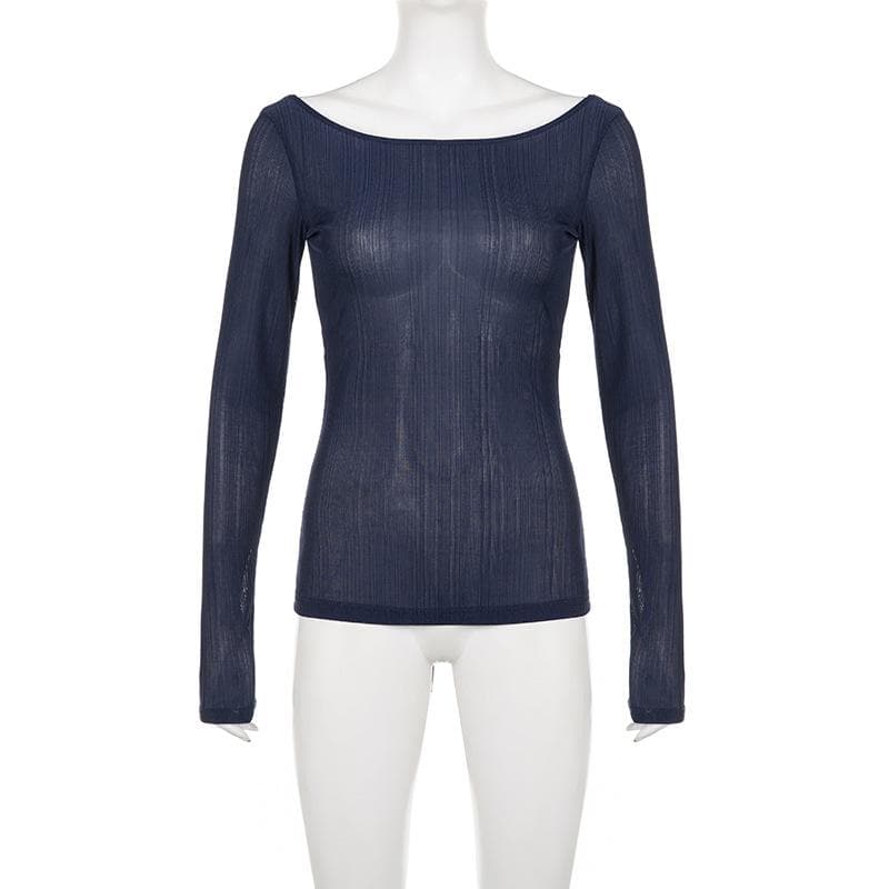 Self tie backless round neck long sleeve textured top