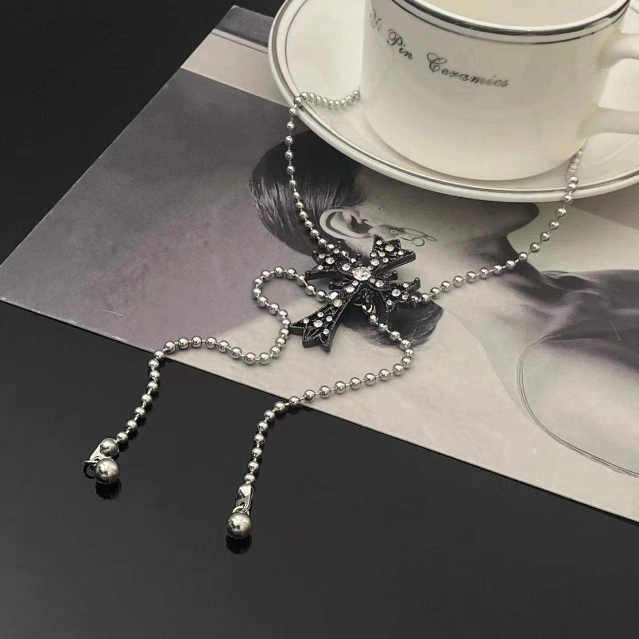 Rhinestone cross pendant adjustable necklace
