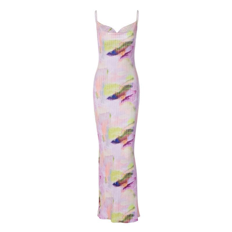 Backless cowl neck v neck contrast print cami maxi dress  | red tango dress