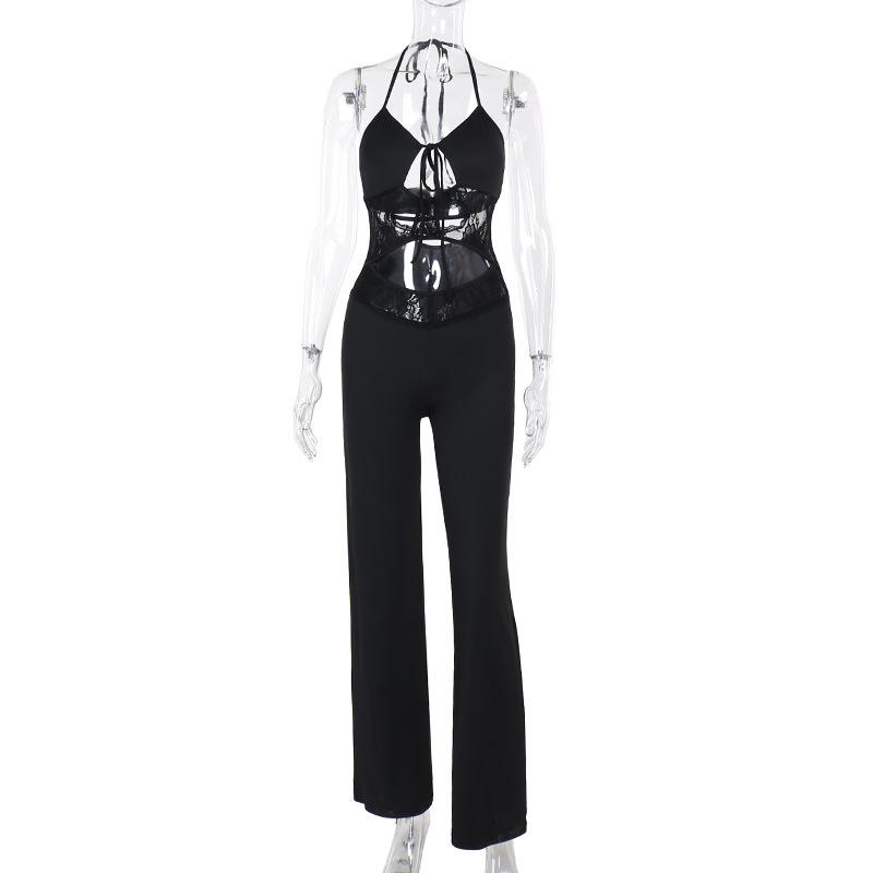 Halter v neck hollow out lace patchwork jumpsuit