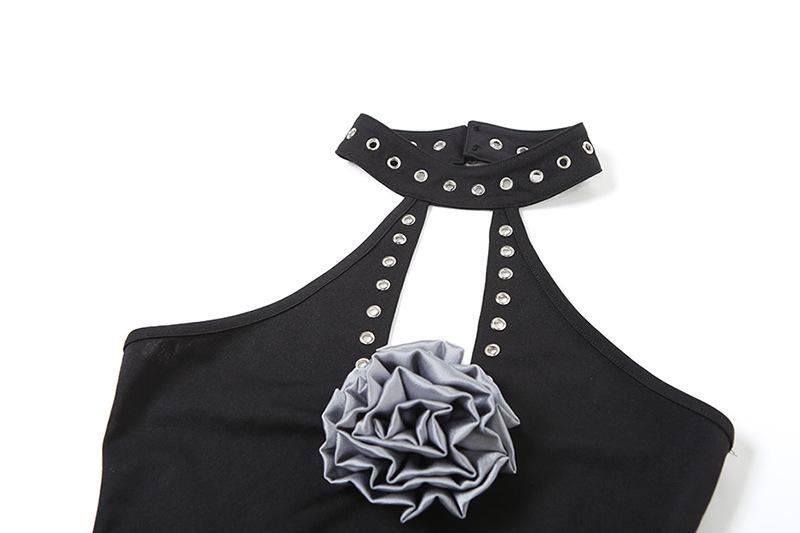 Halter flower applique solid hollow out top