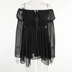 Off shoulder long flared self tie mini dress