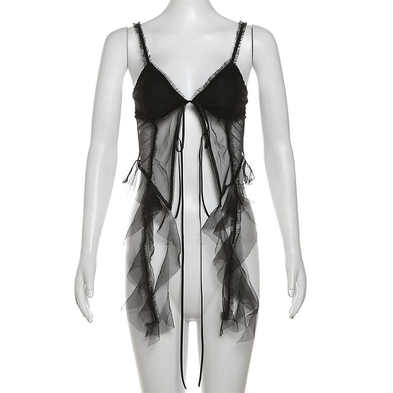 Mesh backless ruffle self tie cami top
