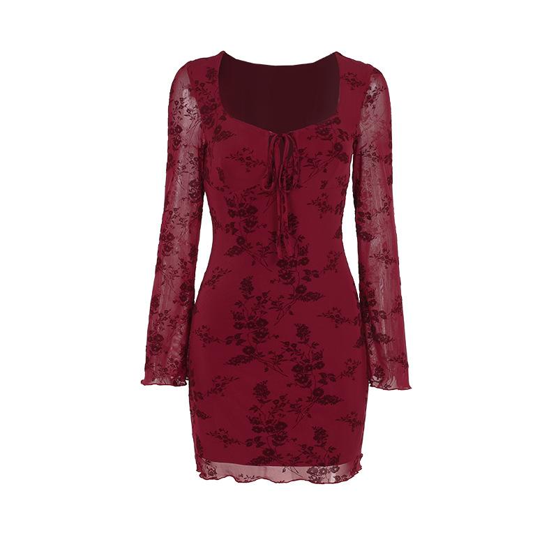 Long sleeve flower pattern mesh self tie mini dress  | red tango dress