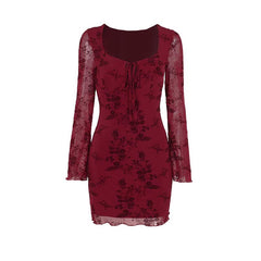 Long sleeve flower pattern mesh self tie mini dress  | red tango dress