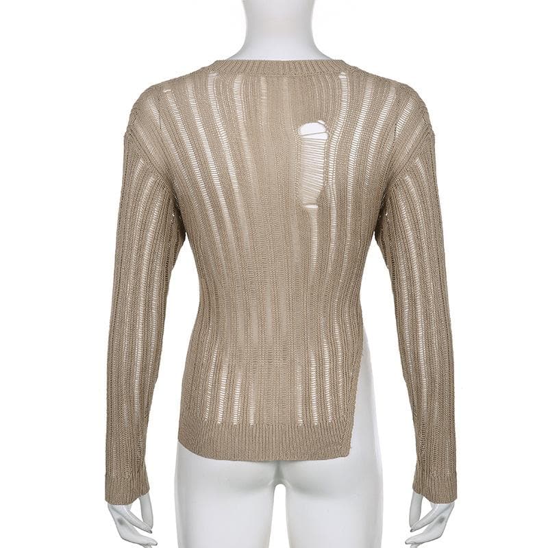 Irregular slit crewneck knitted long sleeve solid crochet top