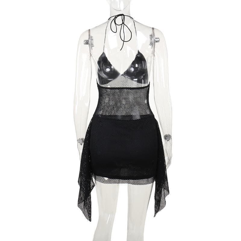 Halter ruffle see through pin applique fishnet mini dress