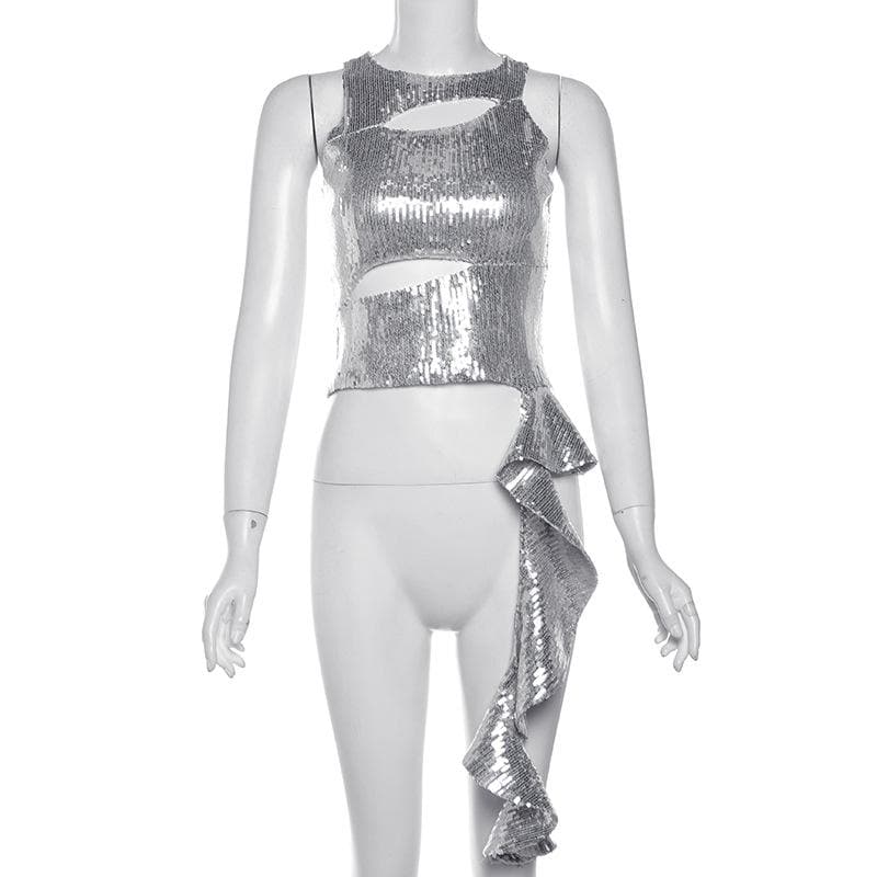 Crewneck glitter hollow out ruffle irregular crop cut out top