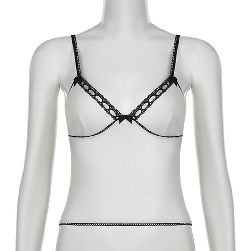 V neck bowknot lace hem backless cami top