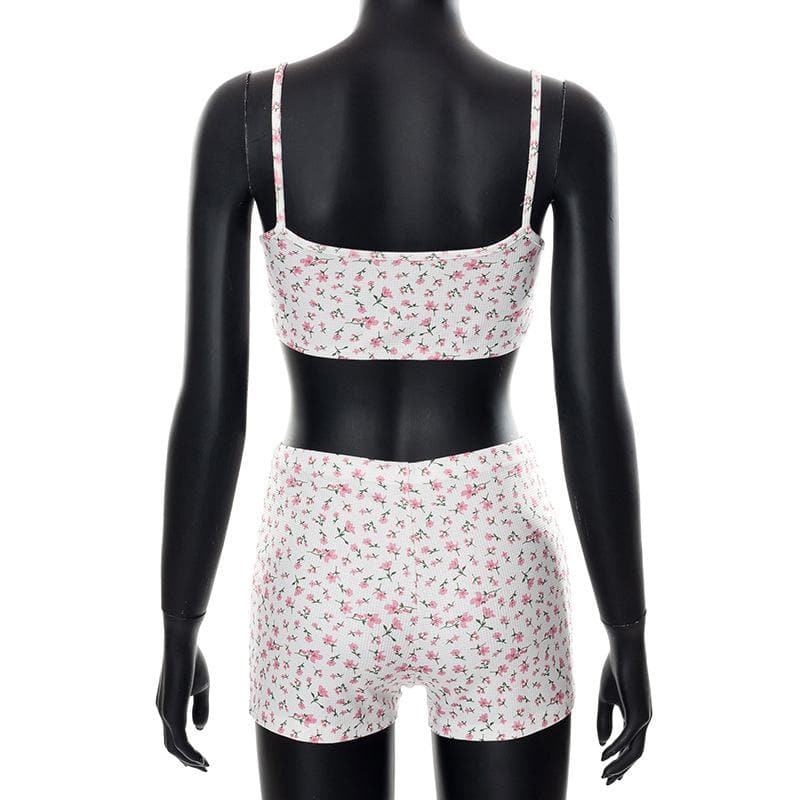 Floral print textured cami crop top short pant set