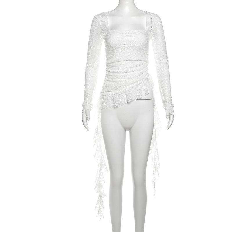 Square neck long sleeve lace ruffle top
