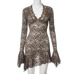 Long flared sleeve lace ruffle see through mini dress