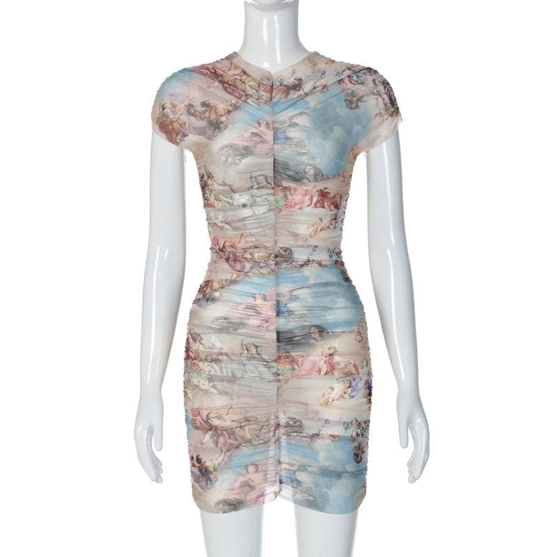 Sheer mesh see through abstract ruched short sleeve contrast mini dress  | samba dress