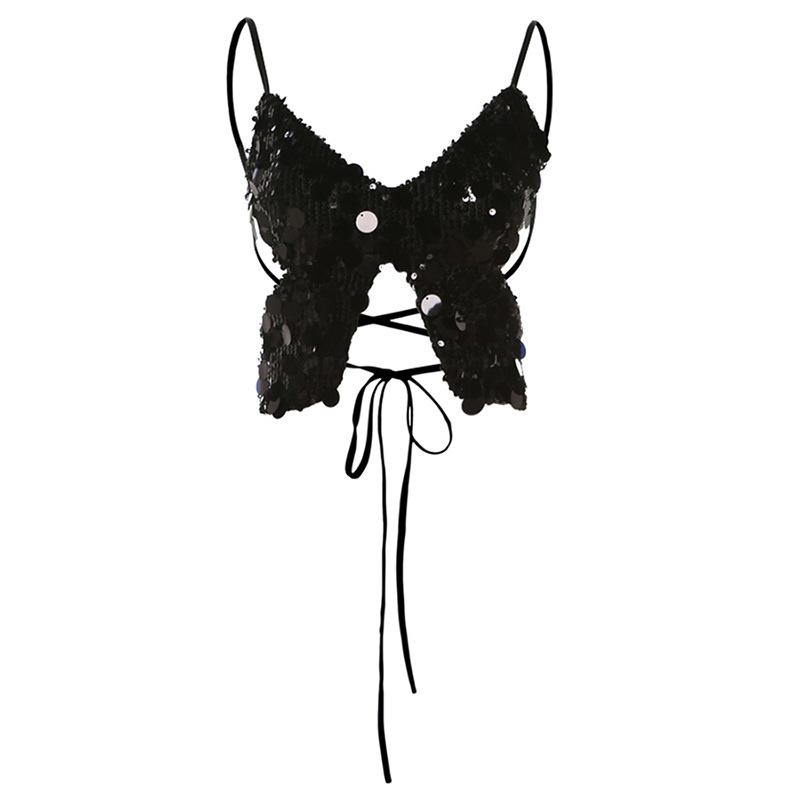 Butterfly pattern glitter lace up cami top