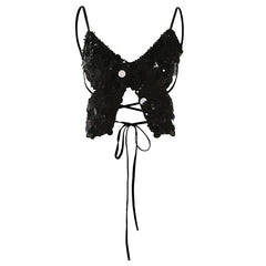 Butterfly pattern glitter lace up cami top