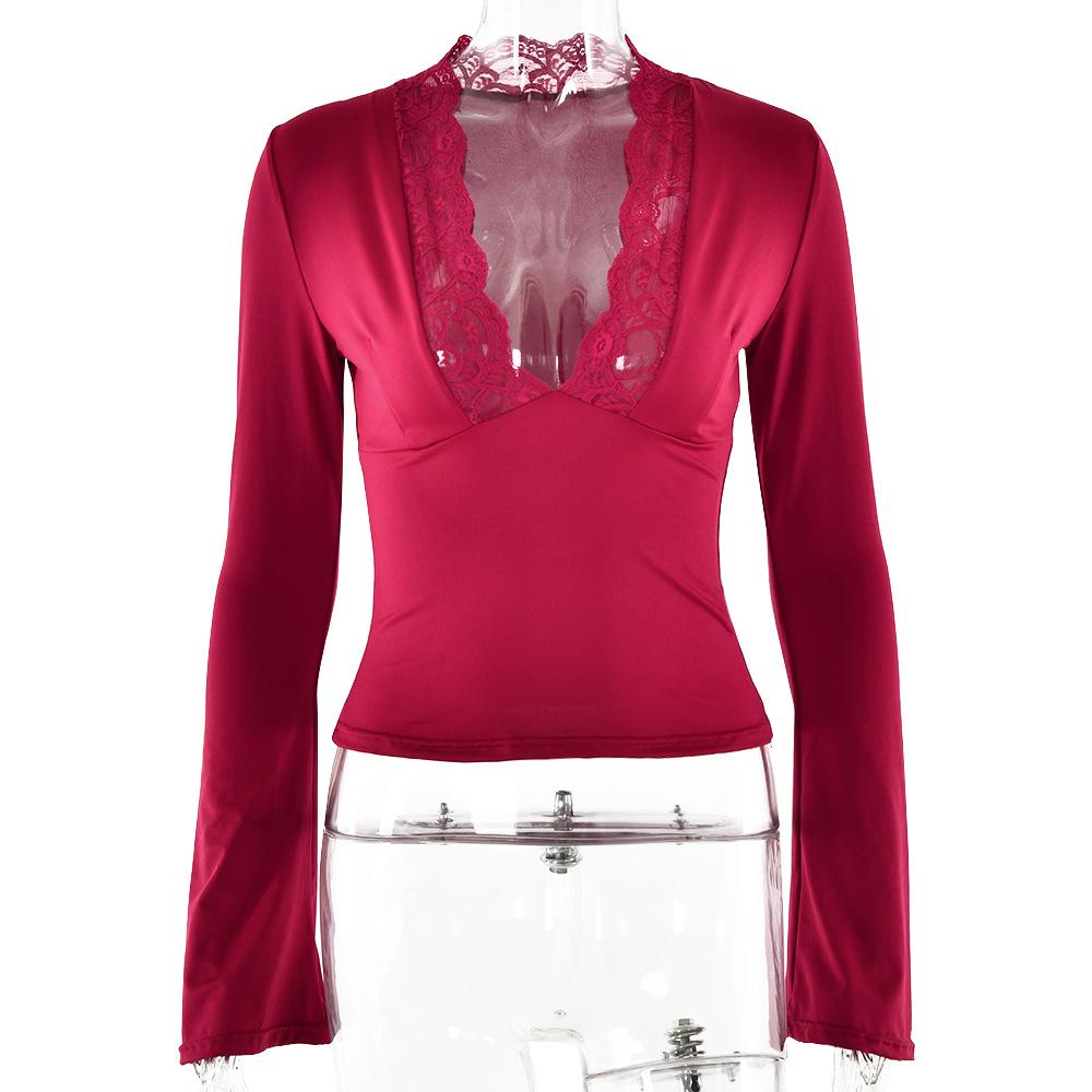 Long flared sleeve deep V neck lace hem top