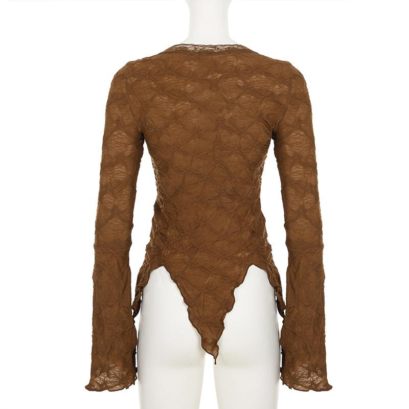 Long flared sleeve textured lace hem ruffle top