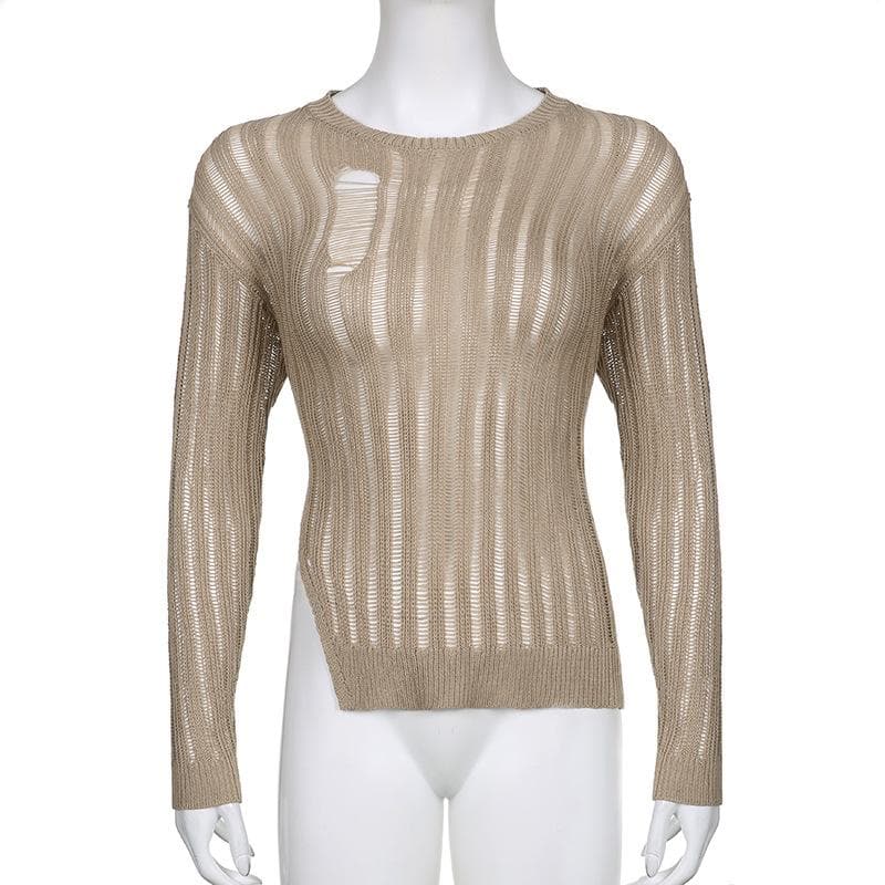 Irregular slit crewneck knitted long sleeve solid crochet top