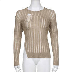 Irregular slit crewneck knitted long sleeve solid crochet top