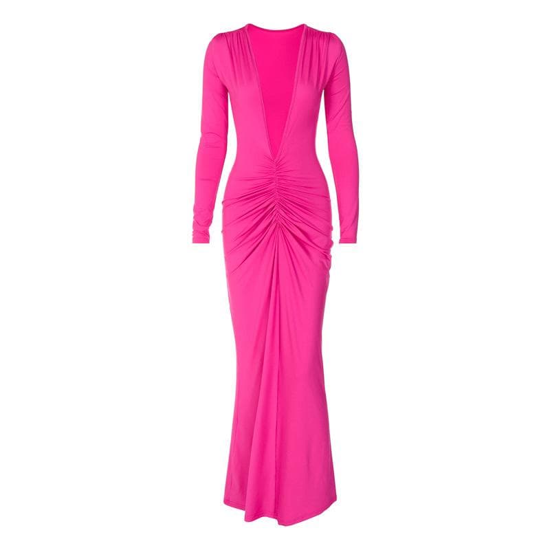 Ruched long sleeve v neck solid 2-way maxi dress  | red tango dress