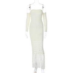 Sweetheart neck off shoulder tassels knitted maxi dress