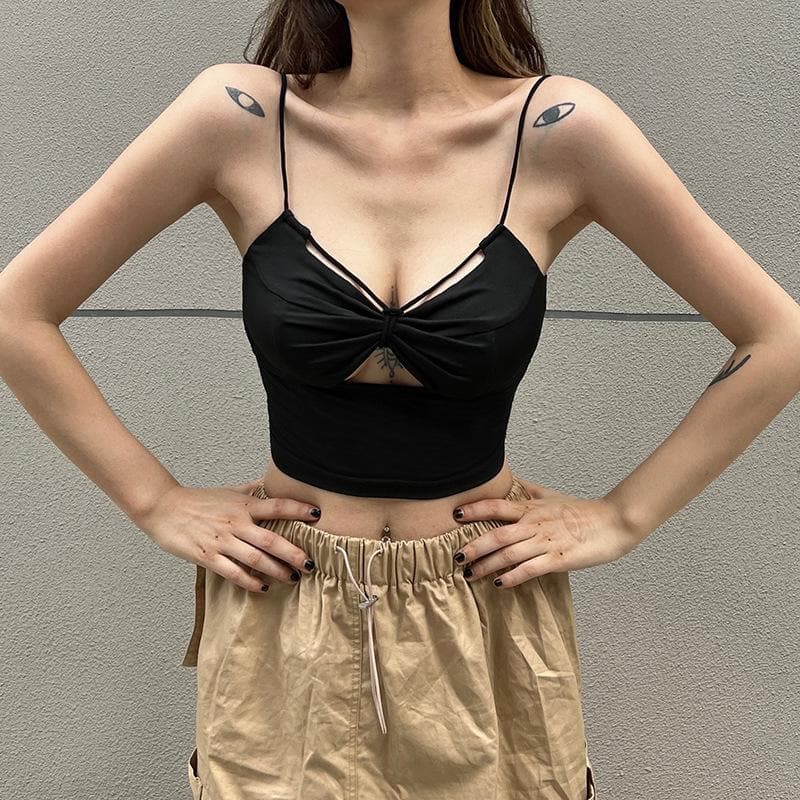 Ruched hollow out solid bowknot backless cami cut out top