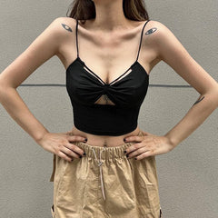 Ruched hollow out solid bowknot backless cami cut out top