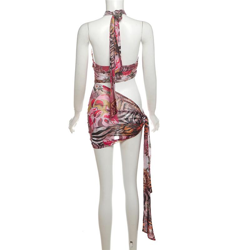 Cross front halter self tie print sheer mesh mini dress  | samba dress