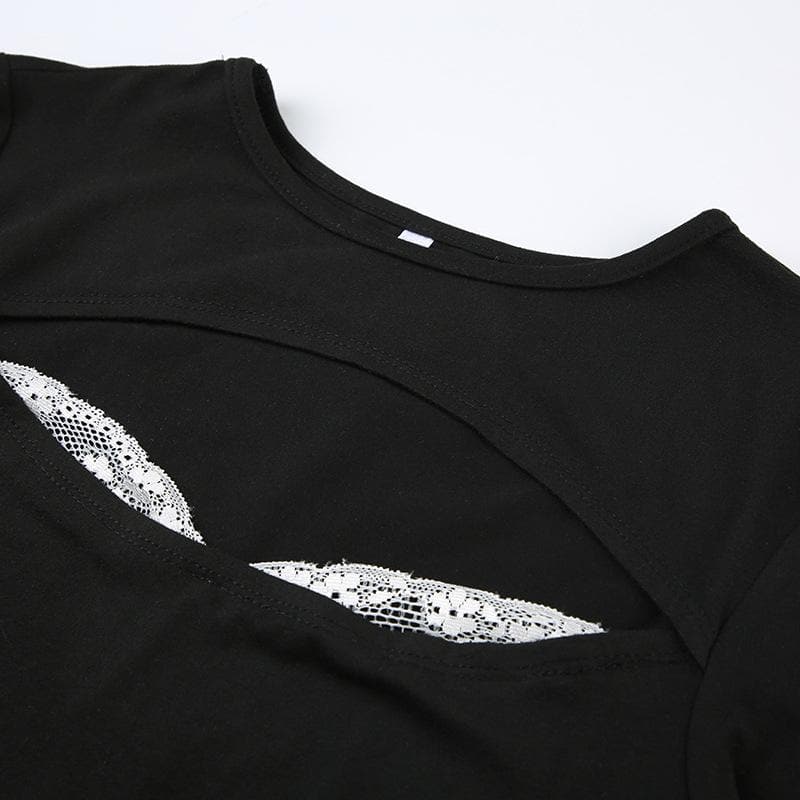 Lace hem hollow out contrast crewneck long sleeve cut out top