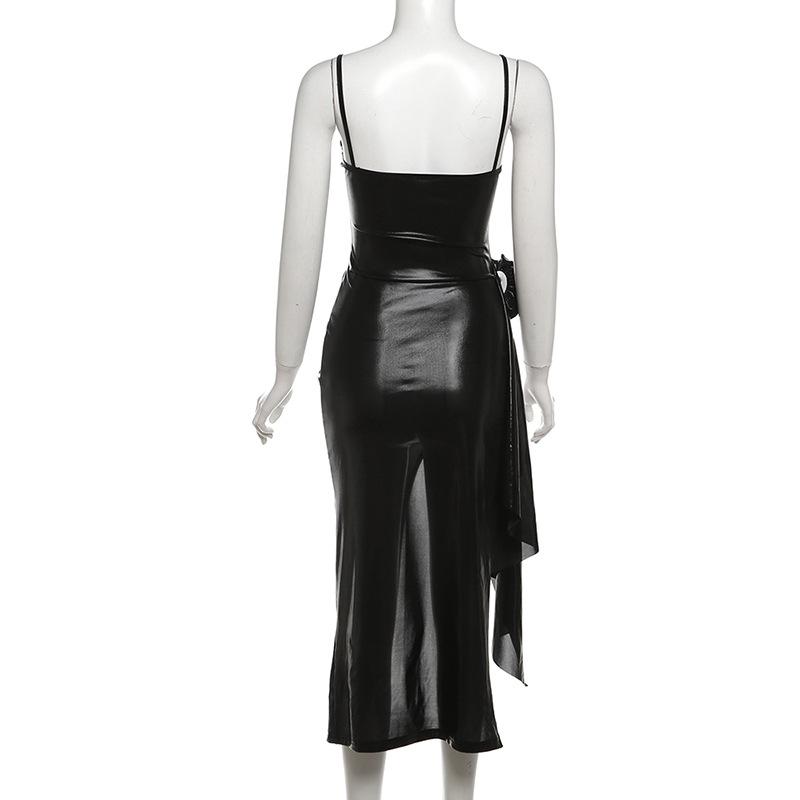 PU leather slit flower applique cami midi dress