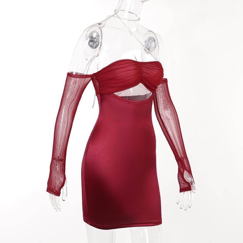 Mesh gloves solid halter ruched hollow out off shoulder mini dress  | red tango dress