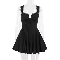 Lace hem button bowknot cami mini dress