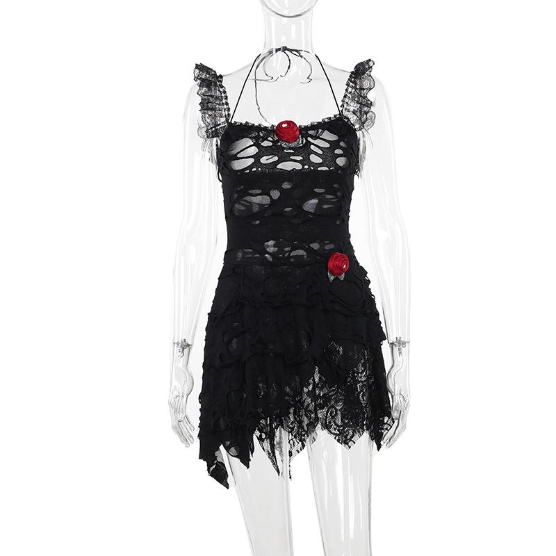 Lace irregular flower applique cami mini dress
