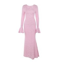 Crewneck long sleeve lace up flower pattern maxi dress