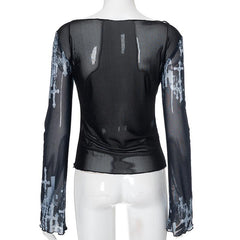 Off shoulder long sleeve mesh cross print top