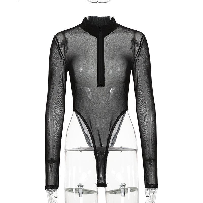 Sheer mesh high neck zip up front bodysuit