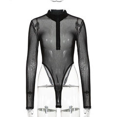 Sheer mesh high neck zip up front bodysuit